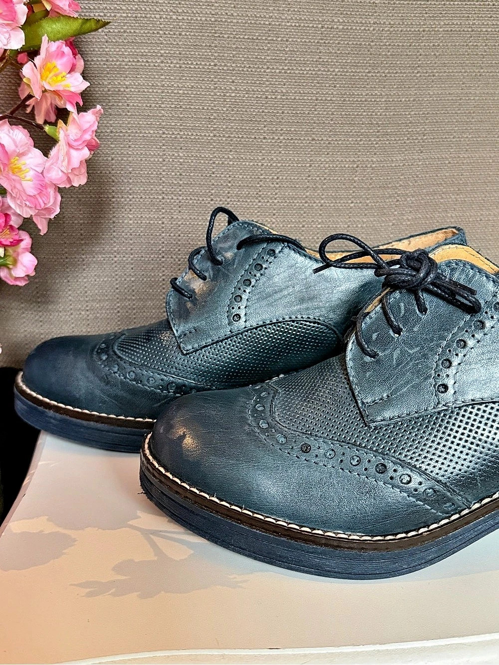 Fattore Made in Italy Leather Wingtip Brogue Block Heel Shoes Size 38 (US 7.5)